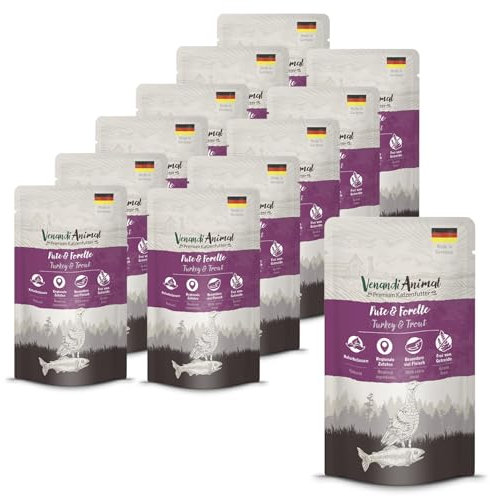 Venandi - Premium Nassfutter für Katzen - Pute und Forelle, 12 x 125g (12er Pack), getreidefrei mit extra viel Fleisch