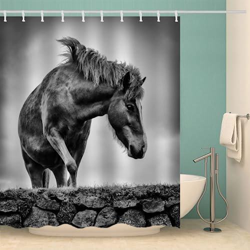 MOXINO Pferd Duschvorhang Anti-Schimmel 180x200 cm Polyester Stoff Textil Waschbar Badvorhang 3D Vintage Pferd Motiv Design Duschvorhänge Wasserdicht Badezimmer Vorhänge mit 12 Haken