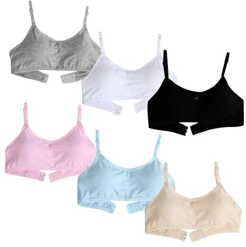FIRITHYC Mädchen gepolsterte Training BHS, 5Packs Teen Mädchen dünne Baumwolle atmungsaktiv Sport-BH passen für 10-16 Jahre Draht frei Push-up-BH Laufen (6 Packs)