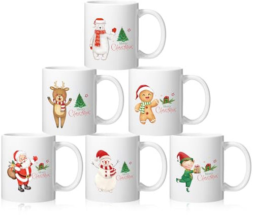 FoldTier 6-teiliges Weihnachtsbecher-Set mit Griff, 325 ml, Kaffeetasse mit Griff, Weihnachtsmann, Schneemann, Rentier, Geschenktasse für Weihnachten, Motto-Party, Geschenke, Abendessen, Getränke,