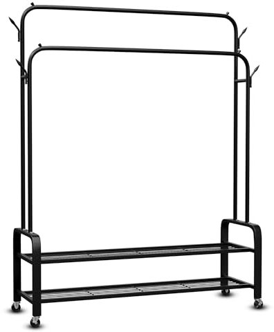 Vonia Portant à vêtements sur roulettes – avec étagère à chaussures – 159 x 34 x 98 cm – Noir