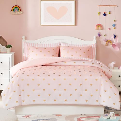 Wink Deer Twin Comforter Set with Sheets for Girls-5 Pieces Twin Bedding Sets with Pink White Gradient Ombre Comforter, Sheets, Pillowcase & Sham for Kids (Gold Heart, 66 X 86)
