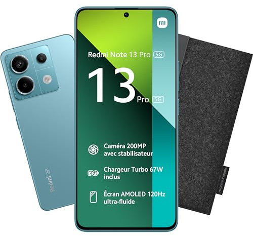 Xiaomi Bundle REDMI Note 13 Pro 5G 8/256 + Etui Gris Foncé, Ecran de 6.67'', Smartphone Débloqué, Batterie mAh 5100, Mémoire ROM 256 GO,RAM 8 GO, Android 13, Ocean Teal