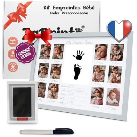 ZAPRINTS Cadre Photo Souvenir de la Première Année Bébé - 12 photos Pêle Mêle - Kit Empreinte Bébé - Cadeau Naissance Personnalisé - Décoration Cadre Chambre Bebe - Coffret Cadeau- En Français