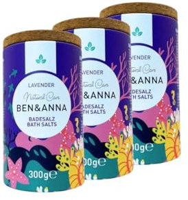 Ben & Anna - Premium Badesalz Lavendel für Muskelentspannungsbad mit Meersalz – Perfekter Badezusatz - Feuchtigkeitsspendend und Hautreinigend mit beruhigender Wirkung (300g (3er Pack), Lavendel)