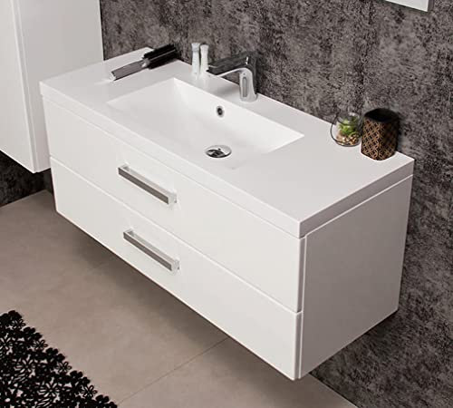 Quentis Badmöbel Genua, Breite 100, Tiefe 39 cm, Waschbecken mit Unterschrank,Waschbeckenunterschrank montiert (weiß glänzend)