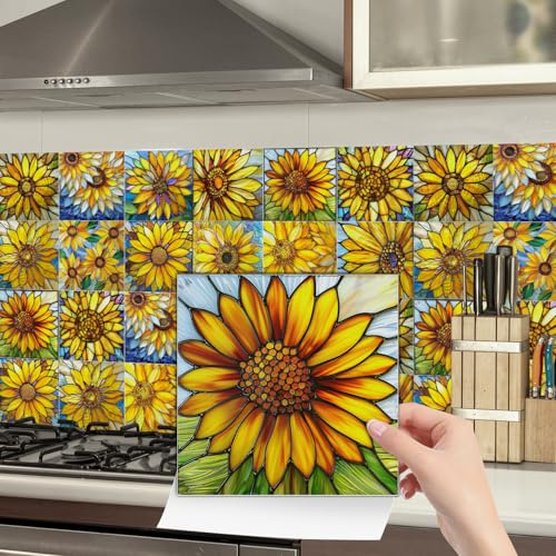 Tile Stickers Sunflower Waterproof Stick On Tiles,Floor Tiles Self Adhesive for Kitchen, Peel and Stick Wall Tiles PVC Self Adhesive Wall Tiles,Bathroom Tile Stickers 24 PC(15X15cm)