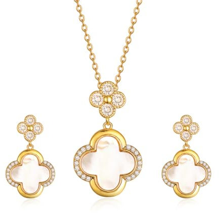 Gkaopi Vierblättriges Kleeblatt Schmuckset für Damen Gold Plated Titan Edelstahl Schwarz Weiß Glücksklee Anhänger Halskette und Ohrringe Set Hypoallergen Zierliche Schmuck Set für Mädchen