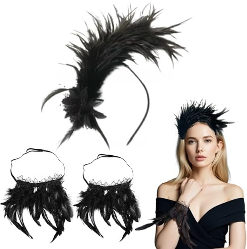 Bandeau Plumes de Fleur Artificielle,Gothique Bracelet,Serre-tête aux plumes noires - Barrette pour femmes élégantes - Diadème noir idéal pour tout événement - Accessoire d'années