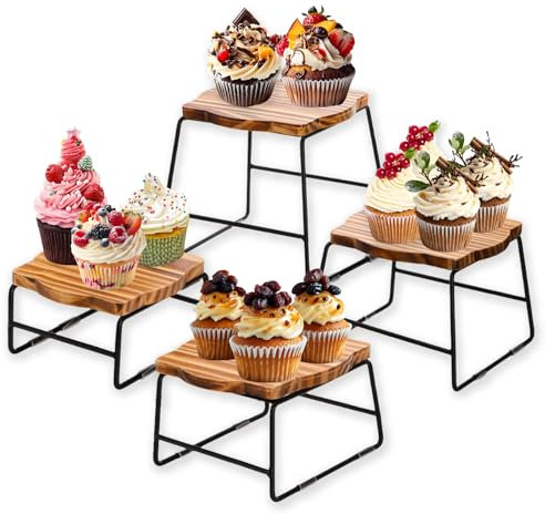 ZENFUN 4 Piece Wood Buffet Risers, Dessert Table Risers Food Display Riser, Pizza Pan Riser, Cupcake Stand & Wood Display Risers, Nesting Food Platter and Plate Holder