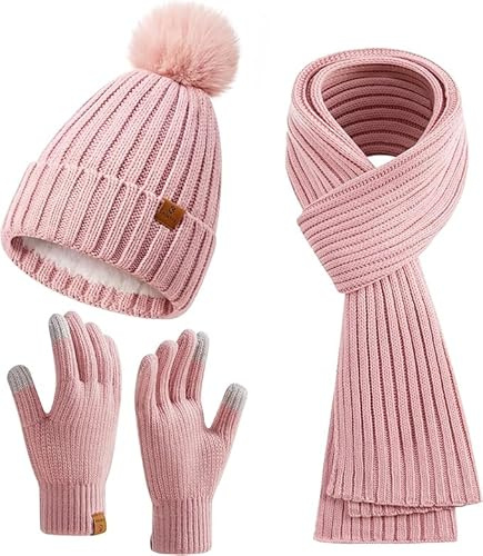 Ensemble écharpe, gants et chapeau pour femme pour temps froid, bonnet, écharpe, gants d'hiver avec pompon