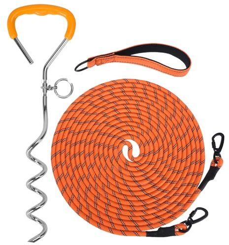 Mihachi Dog Tie Out Stake and Long Dog Leash, Reflective Recall Training Lead Leash with Removable Handle,15.8in Ground Stake,Ideal for Yard,Camping and Beach, Suitable for Medium Dogs,Orange 15FT