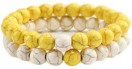 Wycian Armbänder Herren Türkis Armbänder für Paare 2 Stück Perlen Flex Gelb Weiß Runde Form Türkis 16cm x 8mm Naturstein für Hochzeit