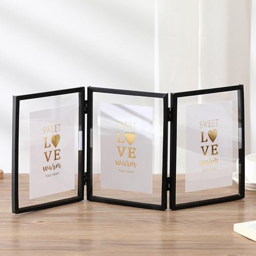 KnSam Bilderrahmen 10x10cm, Fotorahmen 3 Öffnung Falten Metall & Acryl Vertikal Quadrat Posterrahmen Tischplatte für Wohnzimmer, Schlafzimmer, Arbeitszimmer, Schwarz