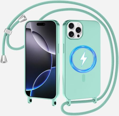 SLWYF Magnetische Handykette für iPhone 12 Pro/iPhone 12 Hülle mit Band, Handyhülle Kompatibel mit MagSafe, Silikon Seil Necklace Handyhülle PU Stoßfest mit Abnehmbar Kordel zum Umhängen - Minzgrün