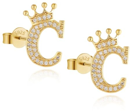 Krone Initial Stud Ohrringe für Mädchen, 14K Gold überzogene S925 Sterling Silber Post Cubic Zirkonia Ohrstecker, hypoallergene Ohrringe für Frauen Mädchen Geschenke