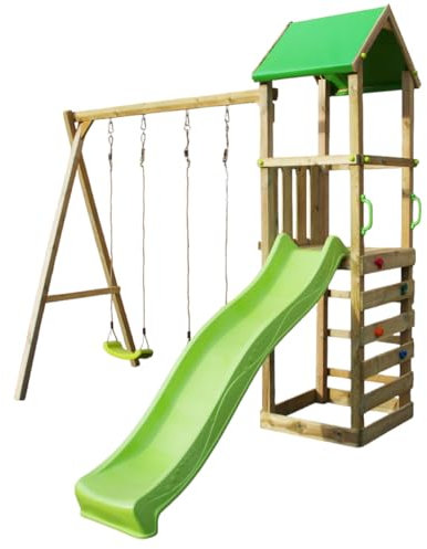 Kangui - Tour et portique bois enfant WALLI - Toboggan, balançoires, escalade et cabane