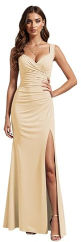 JIIL Wedding Guest Dress,Abendkleid Lang Damen Chiffon Sexy Rückenfreies Multiway Bandage Wickelkleid Festlich V-Ausschnitt Brautjungfernkleider Mit Schlitz Sekt 40