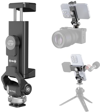 SIRUI AM-PH01 Support de téléphone en métal avec base griffe pour appareil photo, pince universelle pour smartphone avec 3 extensions de griffe, support de trépied réglable pour téléphone portable
