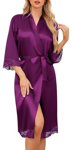 Sopesil Pizzo Accappatoio da Donna in Raso Abiti Lunghi Per Donne Abiti da Sposa Abbigliamento da Notte Morbido Per Matrimoni Viola scuro,XL