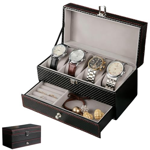 ORARTMM Uhrenbox, Herren-Schmuckkästchen, Uhrenbox für Herren mit Kohlefaser-Textur, Uhrengehäuse mit 4 Fächern und Schublade zur Aufbewahrung von Uhren und Schmuck, abschließbare Organizer-Box