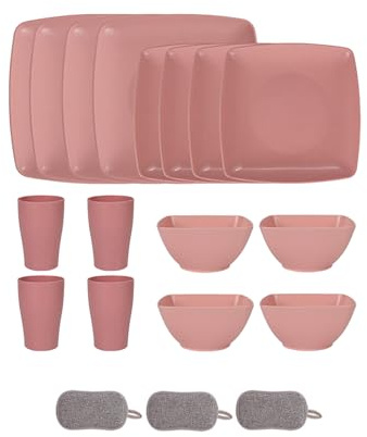 Juego de Cuadrados Vajilla de Plástico,Reutilizable Tazones Platos Vasos,Platos Coloridos Irrompibles,Apto Para Microondas y Lavavajillas,Gran Capacidad,Para Casa y Camping (Rosa, 16 Piezas)