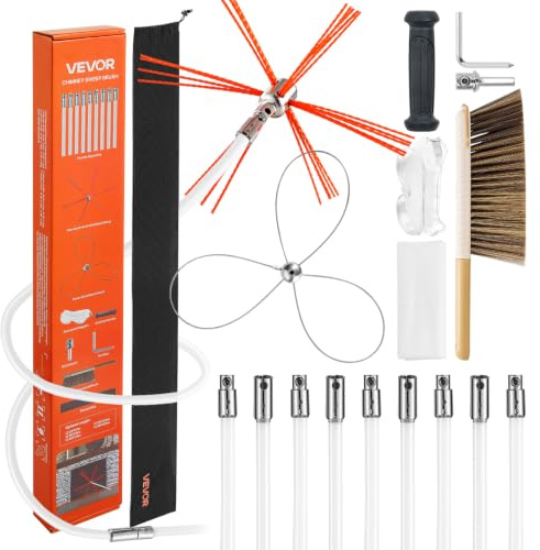 VEVOR Kit Pulizia Stufa a Pellet, Spazzola per Camino Estensibile Fino a 10 m, Spazzacamino con Doppie Testine, Spazzola e Occhiali, Strumento per la Pulizia del Camino per Rettangolari e ad Arco