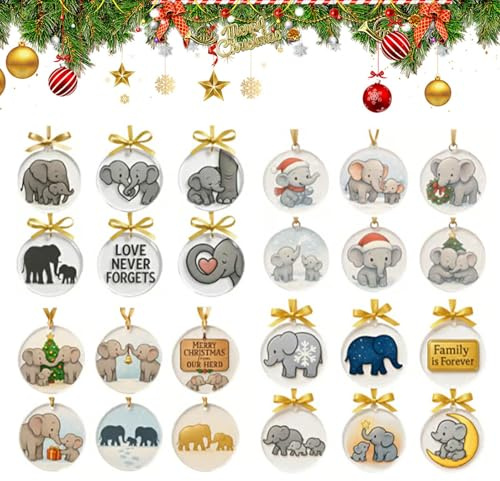 Adventskalender aus Acryl zum Aufhängen | 2D-Acryl, 24 Tage, Elefant, Tier, Anhänger, Adventskalender – für Baum, Wand, Kamin, Party, Freunde, Erwachsene