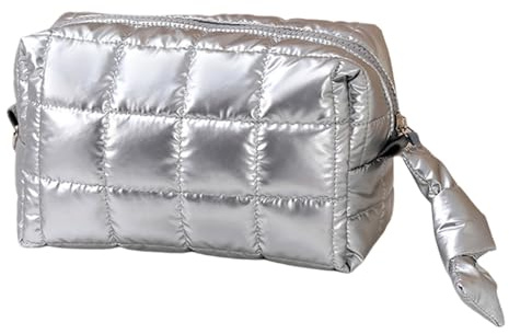 Gesteppte Kosmetiktasche für Damen, großes Fassungsvermögen, Puffer-Make-up-Tasche, Reise-Kulturbeutel, geeignet für den täglichen Gebrauch, silber