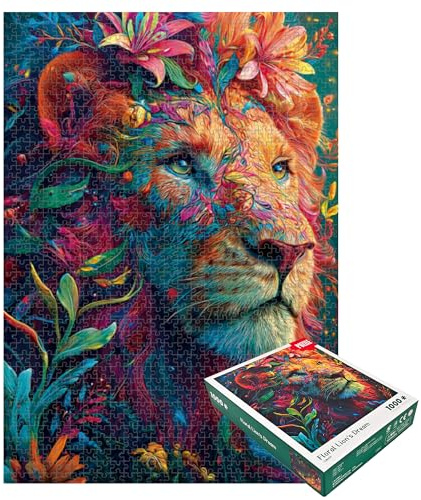Puzzle für Erwachsene 1000 Teile, Floral Lion's Dream with Vibrant Psychedelic Floral Details, Artistic Nature Jigsaw Puzzle for Animal Lovers, Home Wall Decor for Puzzle Enthusiasts