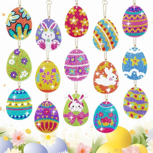 lurora2021 Diamond Painting Ostern Osterei – 15-teiliges DIY Bastelset für Kinder, mit funkelnden Strasssteinen als Oster-Dekoration & Kreativgeschenk zum Ostern Basteln
