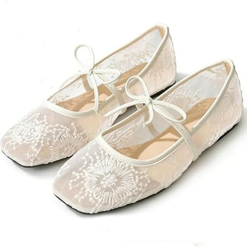 GHTRHSB Women's Lace Ballet Flats Embroidered Floral Mary Jane Elegant Bow Square Toe Flat Shoes Lightweight Breathable Comfortable Casual Work Shoes for Ladies