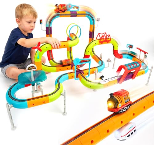 hahaland Elektrische Eisenbahn Kinder 3D Set, 115-tlg, Spielzeug ab 3 Jahre | Zug Spielzeug mit 2 Fahrzeugen, Anti-Schwerkraft-Bahn, Licht & Musik, Montessori Spielzeug, Geschenk für Kinder ab 3+ Jahren