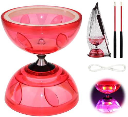 Jonuin LED Diabolo mit Kugellager, 4,5mm, Diabolo Freiläufer mit kugellager Dreifache Lagerung Set, Diablo Jonglierspielzeug Set für Erwachsene, Anfänger und Profis (Rot)