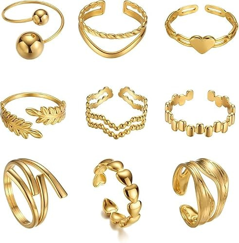 panee Ringe Set Gold, Verstellbare Edelstahl Ringe, 9 Stück Damen Gold Ringe Set Edelstahl 18K Goldplattierung Verstellbare Wasserfest Rings für Frauen
