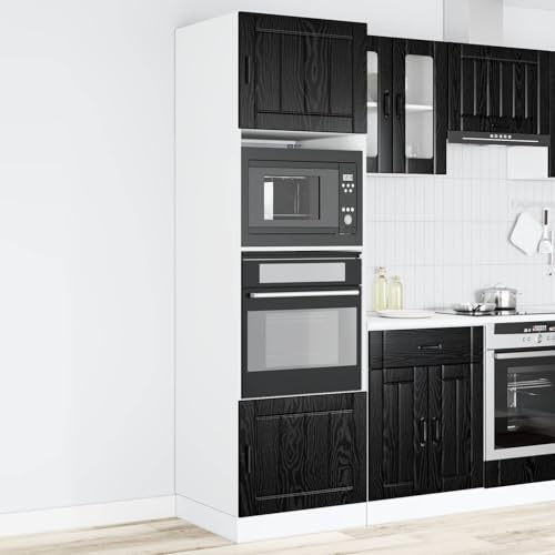Ordellia Backofenschrank Porto in Schwarz mit Eichen-Optik 60 x 57 x 207 cm Holzwerkstoff Küchen Hochschrank freistehend mit Stauraum und Regalen für Mikrowelle und Vorratsschrank