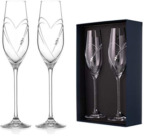 DIAMANTE Swarovski Champagne Flutes Prosecco Glasses Pair 'Hearts' Design with Swarovski Crystals