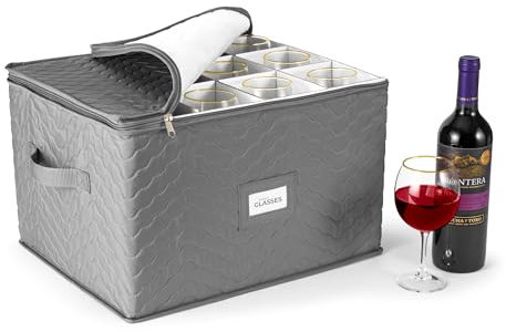 Sorbus Stemware Storage Chest - Deluxe Quilted Case with Dividers - Service for 12 - Great for Protecting or Transporting Wine Glasses, Champagne Flutes, Goblets, and more (Storage Glass - Gray)