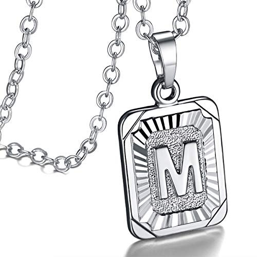 FOCALOOK platiniert Anhänger Halskette für Damen Mädchen Rechteck Tag Buchstabe M mit 50+5cm Rolokette Initiale Modeschmuck für Geburtstag