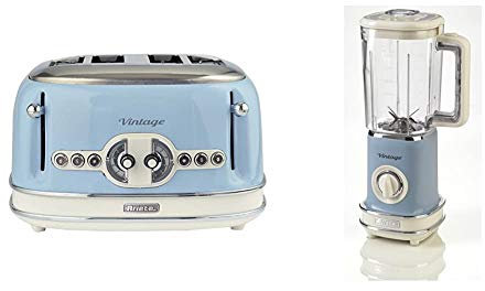 Ariete 156 Tostapane di Design a 4 Fette, 6 Livelli di Tostatura, 1600 W, Acciaio Inossidabile & 568 Frullatore Vintage - Frullatore con 500 watt e tazza graduata da 1,5 litri, 2 velocità