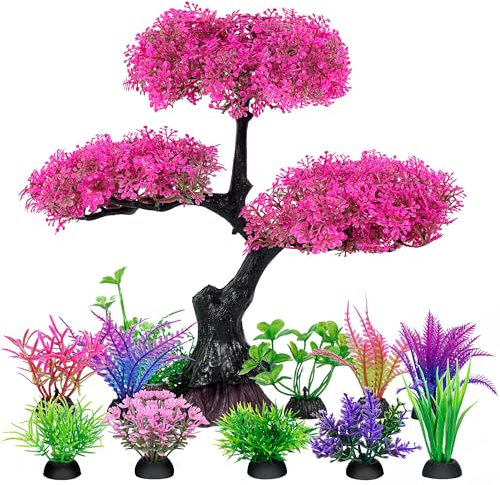 Ameliade Aquarium Artificial Plastic Plants Decoration, Pink Cherry Blossom Tree Aquarium Decor Set, Goldfish Betta Fish Tank Decorations Hides Accessories(Pink