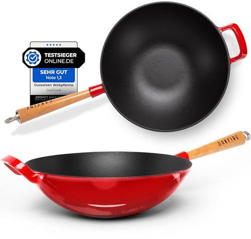 Oakfire Wokpfanne Emailliert Gusseisen Induktion 31cm Groß Grill Wok Pfanne Holzgriff Cast Iron mit Non-Stick Patina, Emaille