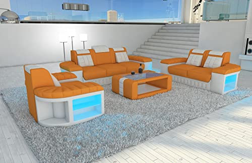 Couch Bellagio Couchgarnitur 3-2-1 Stoffsofa mit Sessel - mit LED Beleuchtung, verstellbare Kopfstützen/Mikrofaser (Apricot-Weiß C87)