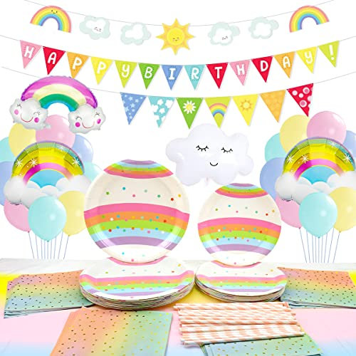 LSJDEER Fournitures de fête nuage arc-en-ciel Vaisselle - Assiettes, Serviettes, Pailles, Bannière, Nappe, Rainbow Cloud Balloon Pastel Rainbow Birthday Vaisselle Décorations - Sert 20