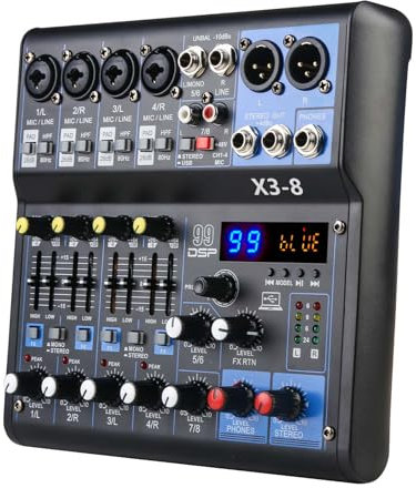 Mixer Audio Professionale Soundboard Interfaccia Sistema Audio 8 Canali USB Bluetooth MP3 Ingresso 48 V Alimentazione Phantom Stereo DJ Studio Streaming FX 99 Bit DSP