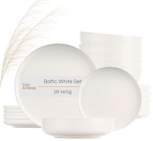Cosy & Trendy Baltic White Geschirrset 18-teilig | 6 Speiseteller, 6 Dessertteller, 6 Tiefe Teller | Steinzeug Geschirr Set Weiß | Mikrowellen &-Spülmaschinengeeignet | Tafelservice 6 Personen