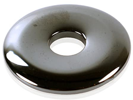 Lebensquelle Plus Edelstein Donut Ø 40 mm + Baumwollband + Edelsteinkarte | Naturstein Anhänger Halskette | Echte Heilsteinkette inkl. Band (Hämatit)