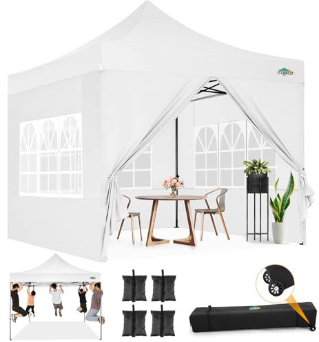 COBIZI pavillon faltpavillon 3x3 wasserdicht stabil Winterfest,Outdoor faltbar partyzelt,gartenpavillon mit 4 Seitenteilen und 4 Sandsack und Laufradtasche, Weiß