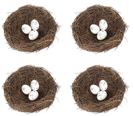Uposao Rattan Ostern Vogelnest Deko,4 Stück 12cm Vogelnest + 12 Ostereier Handgemachte Vögelnest Vogeleier Naturnest Frühling Osterdeko Handwerk Basteln Foto Requisiten Tischdeko Ostern Dekoration