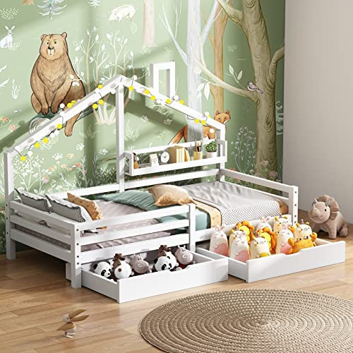 Rausfallschutz Bett, Bettgestell Weiß Massivholz Kinderbett 90X200 mit Ablageregal und 2 Großen Schubladen mit Stauraum, Kaminform Schlafzimmer Bett